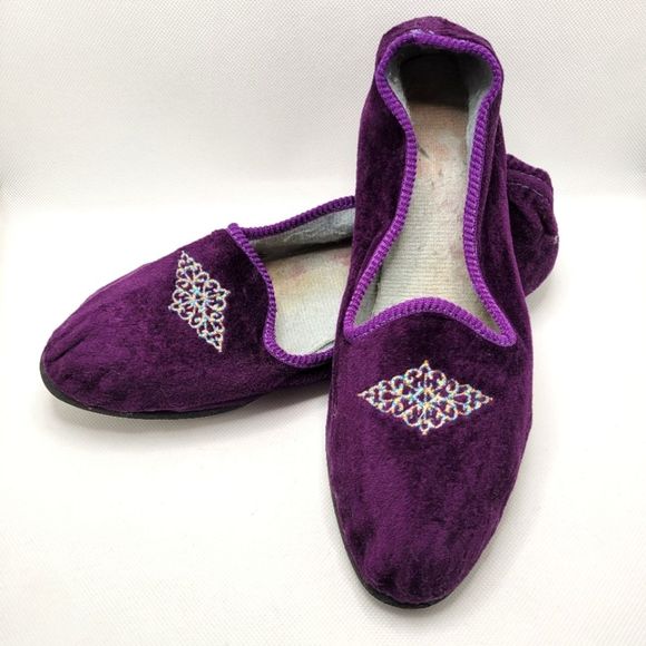 Foamtreads Purple Velvet Embroidered Slippers Vintage Hard Bottom Soft Shell - Picture 1 of 9